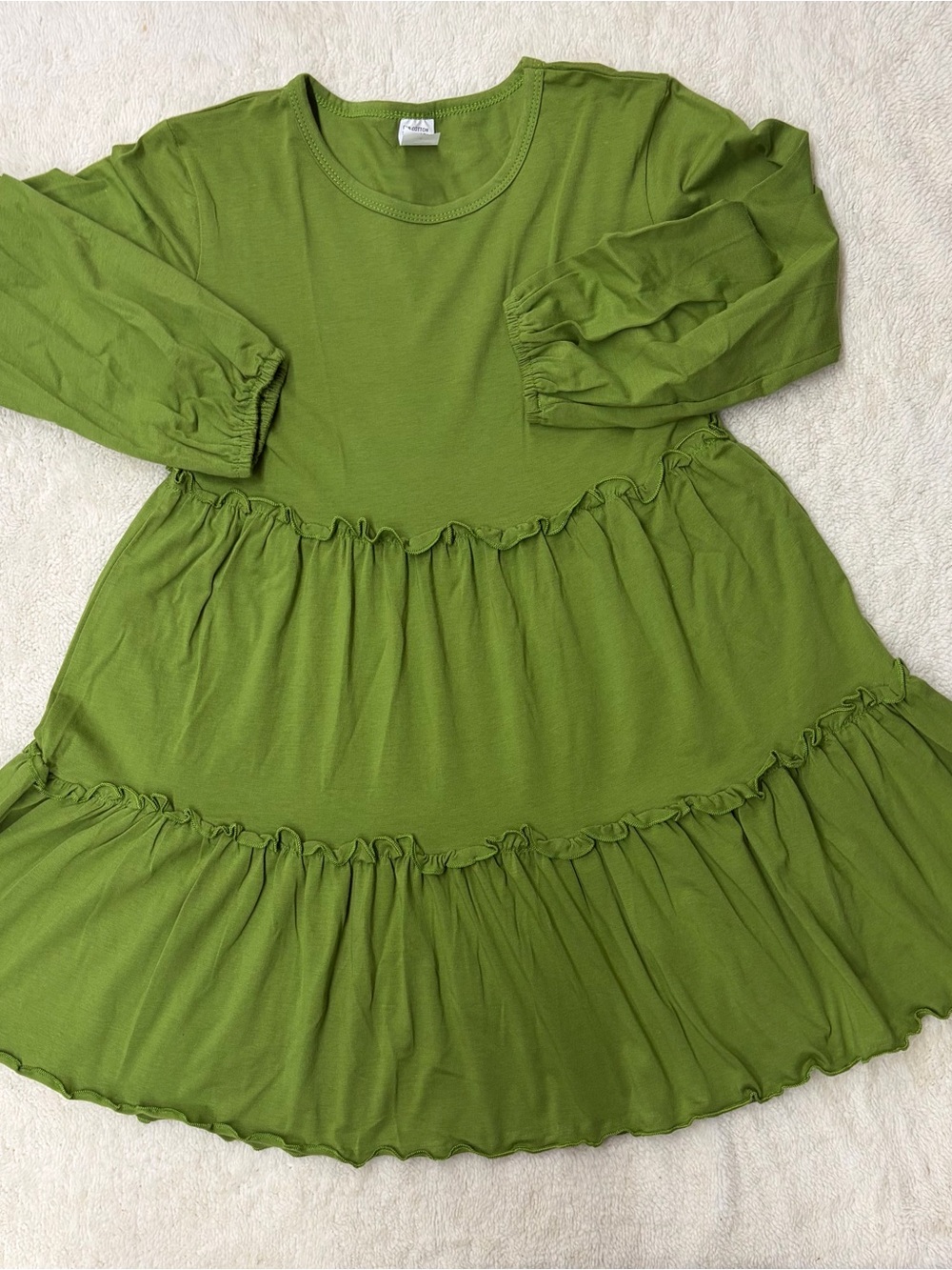 Kids Olive Green Tiered Long Sleeve Dress